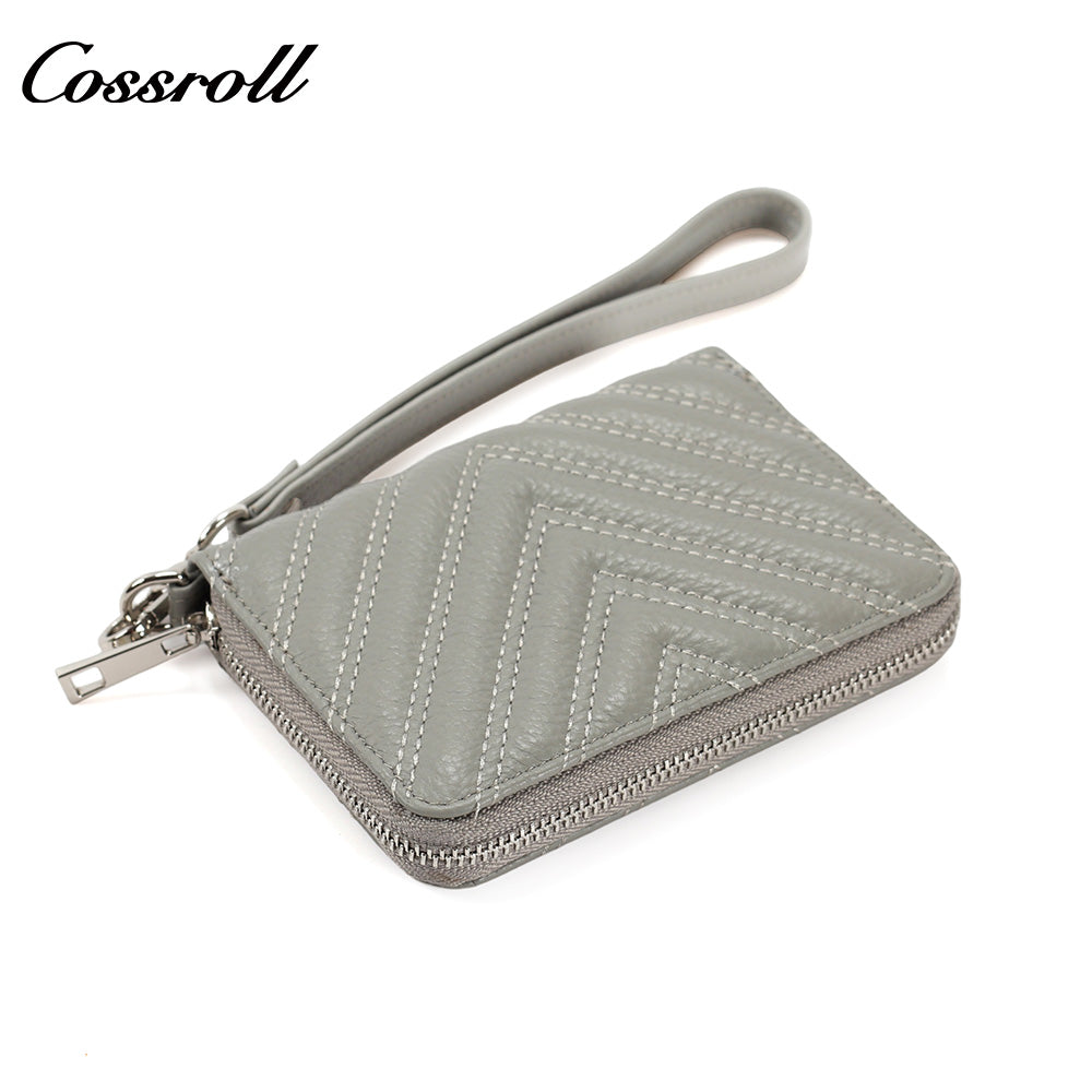 Chevron Quilted Genuine Leather Wristlet, Women's Litchi Grain Cowhide Coin Card Purse, Mini Zipper Hand Pouch