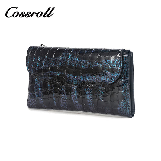 Printed leather long women's wallet with blue crocodile print