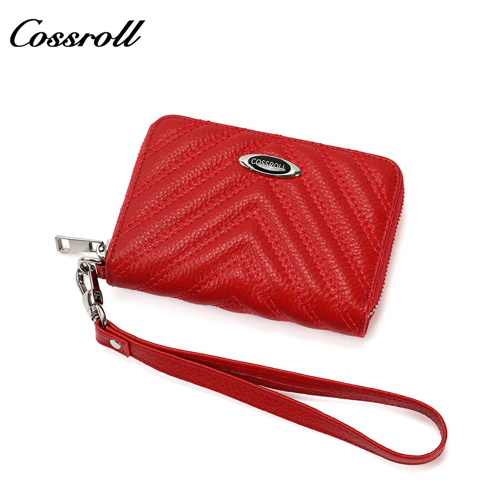 Women's Litchi Grain Cowhide Coin & Card Wallet, Chevron Quilted Wrist Clutch, Multi-functional Card & Coin Storage Pouch