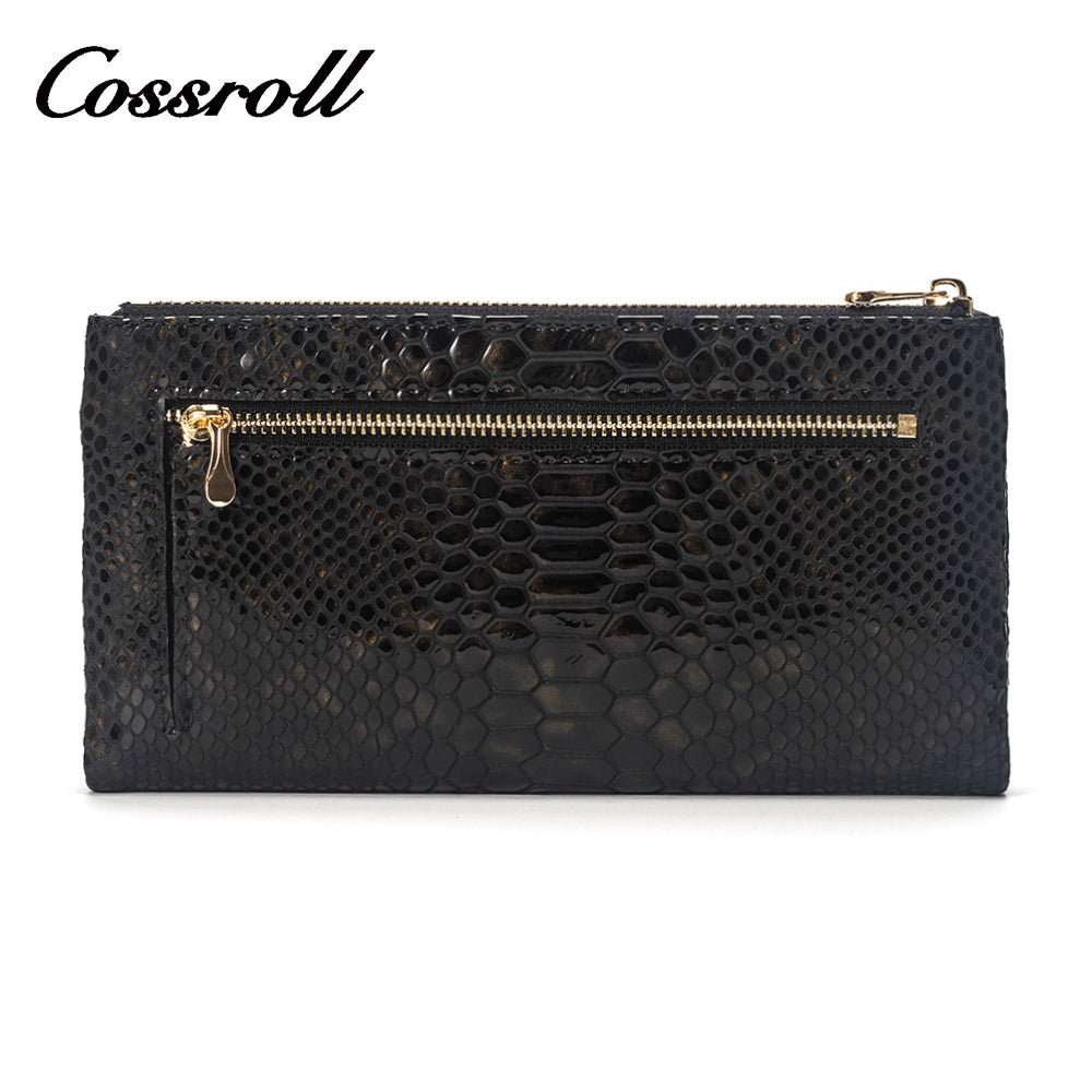 Black snakeskin print long leather wallet