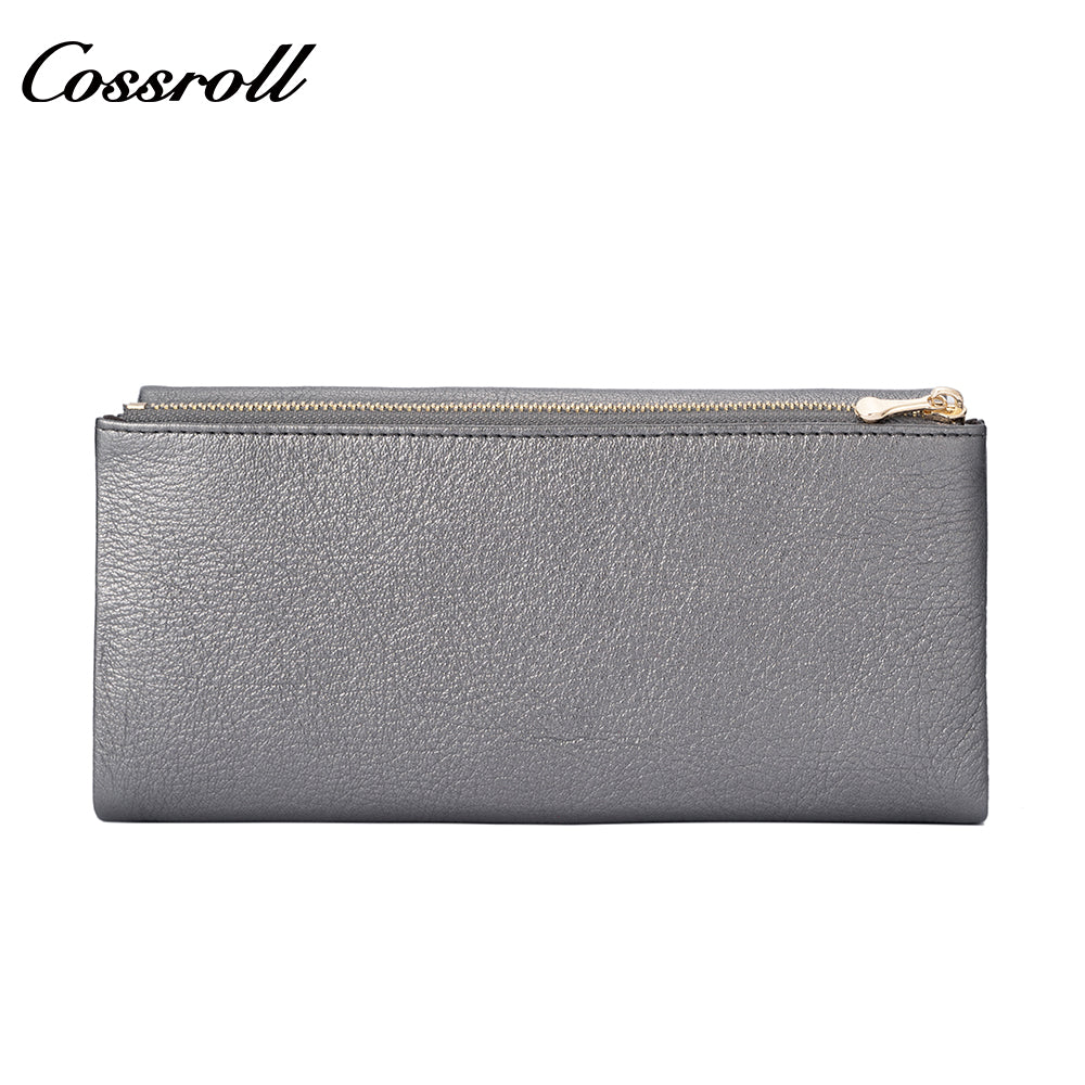 Women's cross-border genuine leather wallet with gold floral decoration, long vintage glossy design, large capacity with multiple card slots