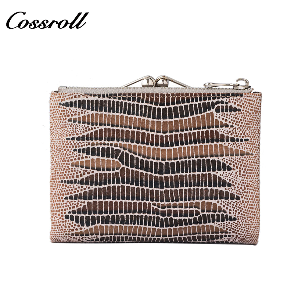 Women's short wallet, genuine leather, fashionable embossed design, clasp lizard texture coin purse