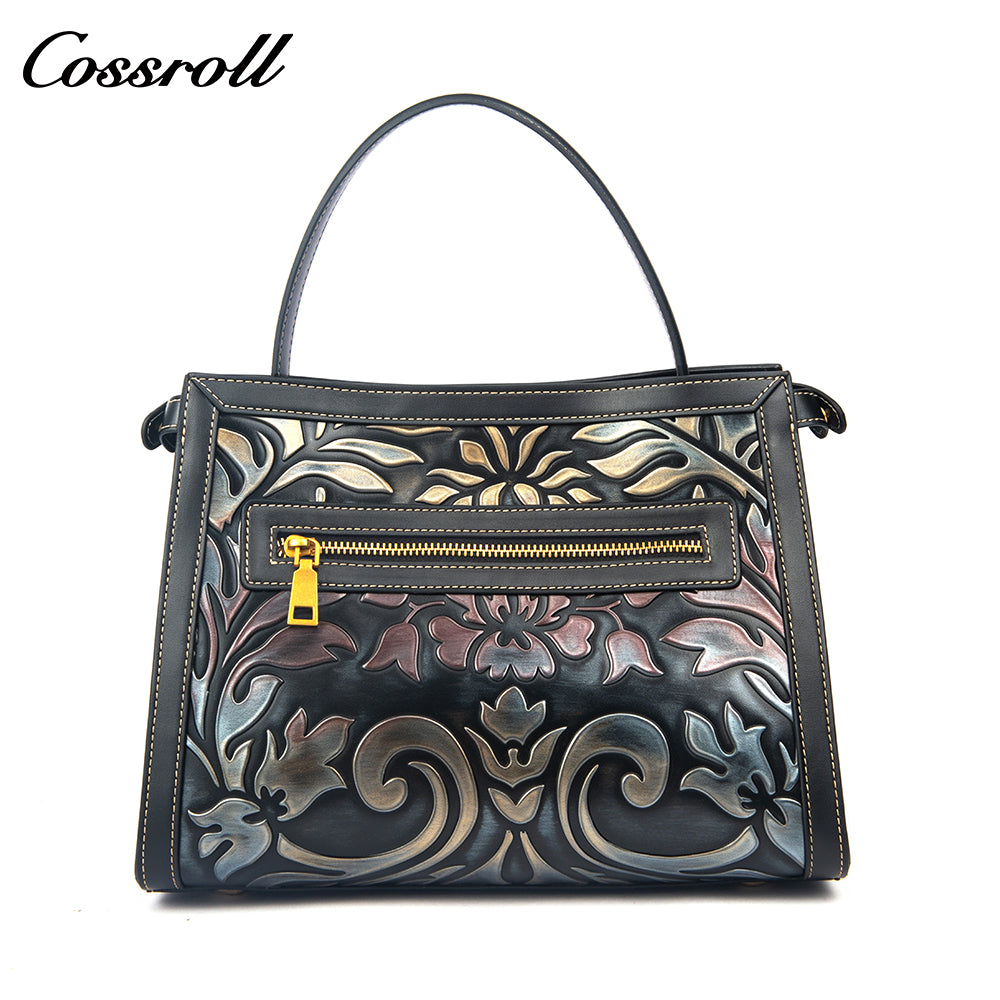 Niche Design Embossed Leather Bag, Vintage Genuine Leather Large Capacity Commuter Handbag & Crossbody Bag