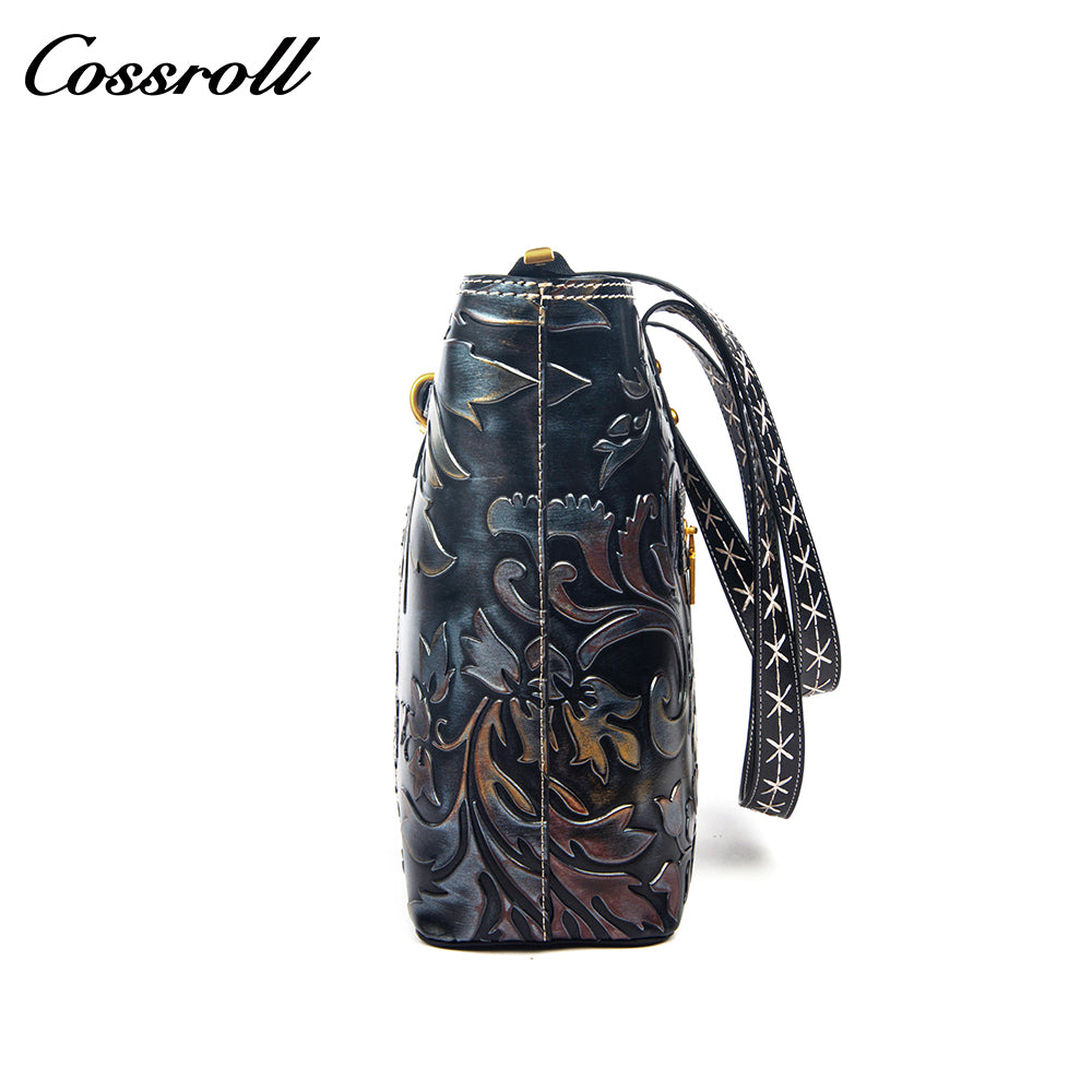 Vintage Embossed Leather Tote Shoulder Bag