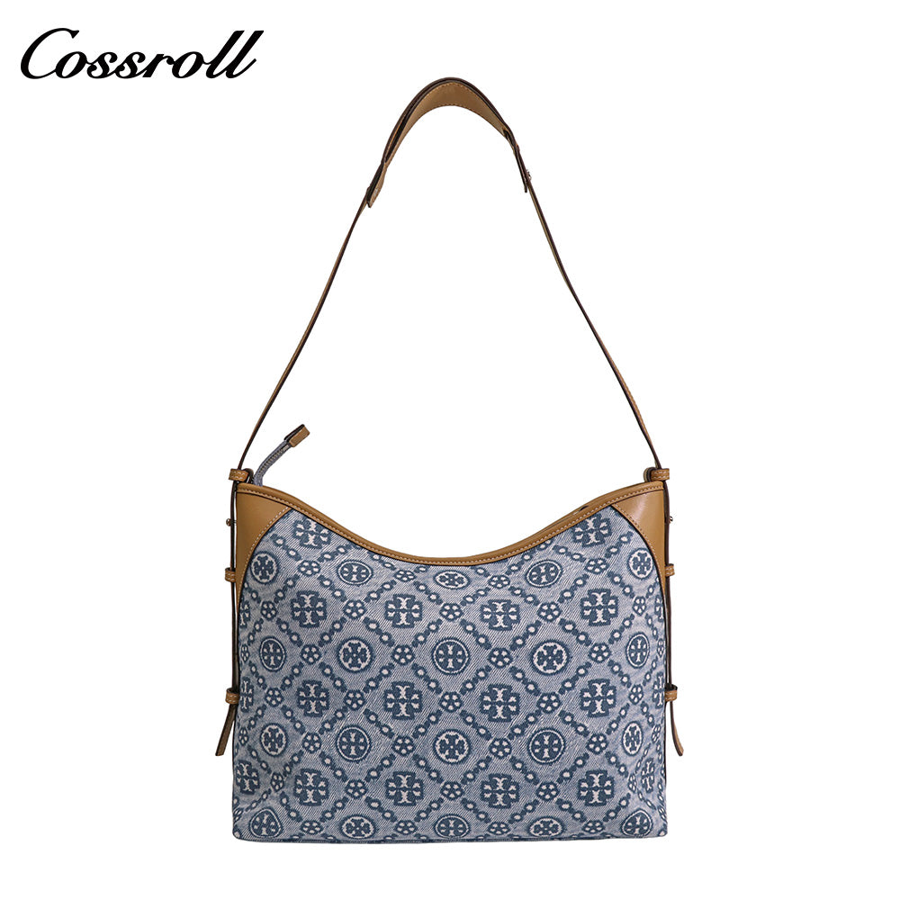 Women's Vintage All-Over Jacquard Denim Monogram Bag, Canvas Spliced Large Capacity Commute Shoulder Bag, Casual Monogram Underarm Shopping Bag