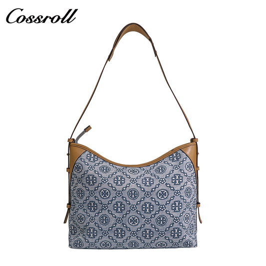 Women's Vintage All-Over Jacquard Denim Monogram Bag, Canvas Spliced Large Capacity Commute Shoulder Bag, Casual Monogram Underarm Shopping Bag