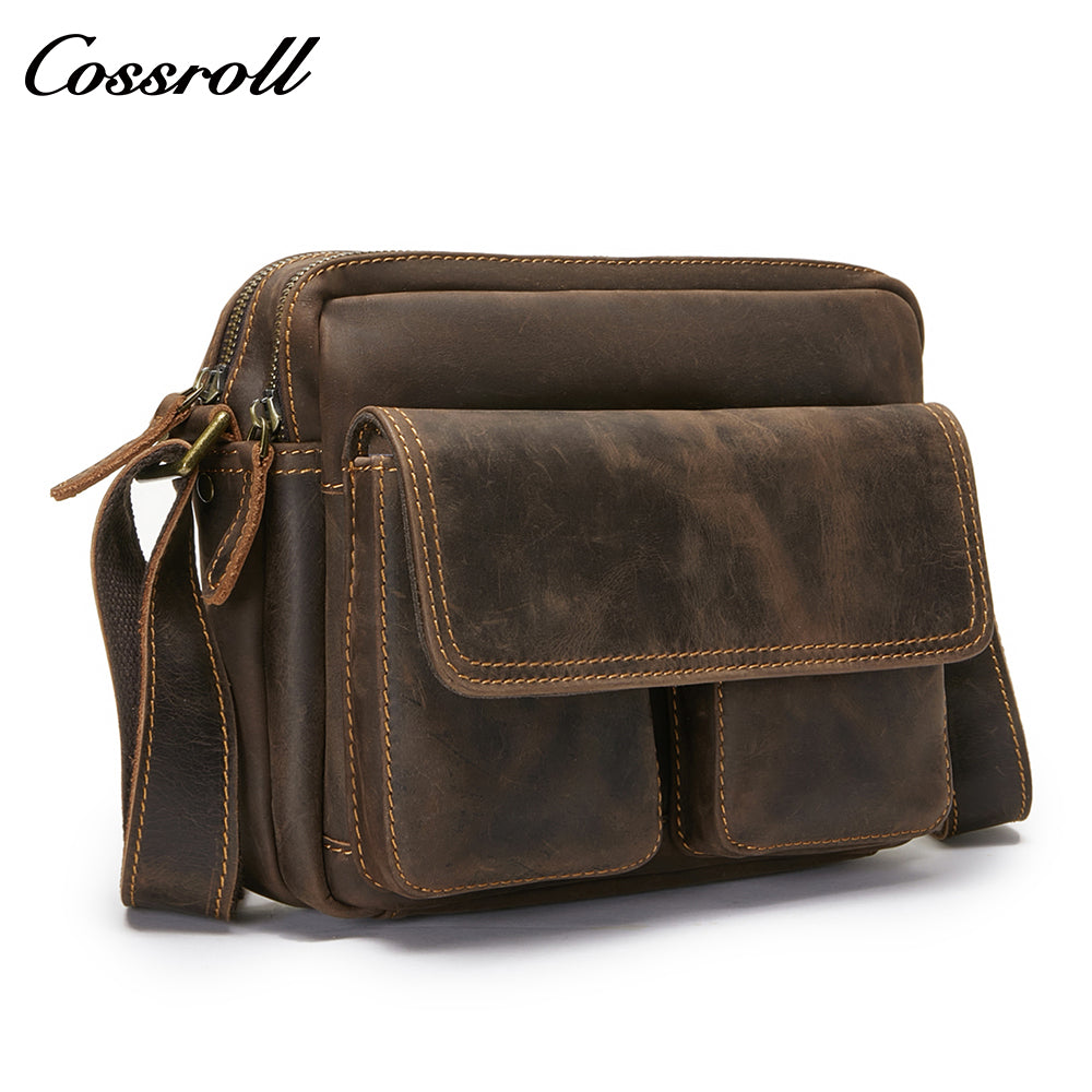 Europe and the United States fashion retro oblique backpack cowhide handbag wild horse leather men's single shoulder layer cowhide crossbody bag side backpack