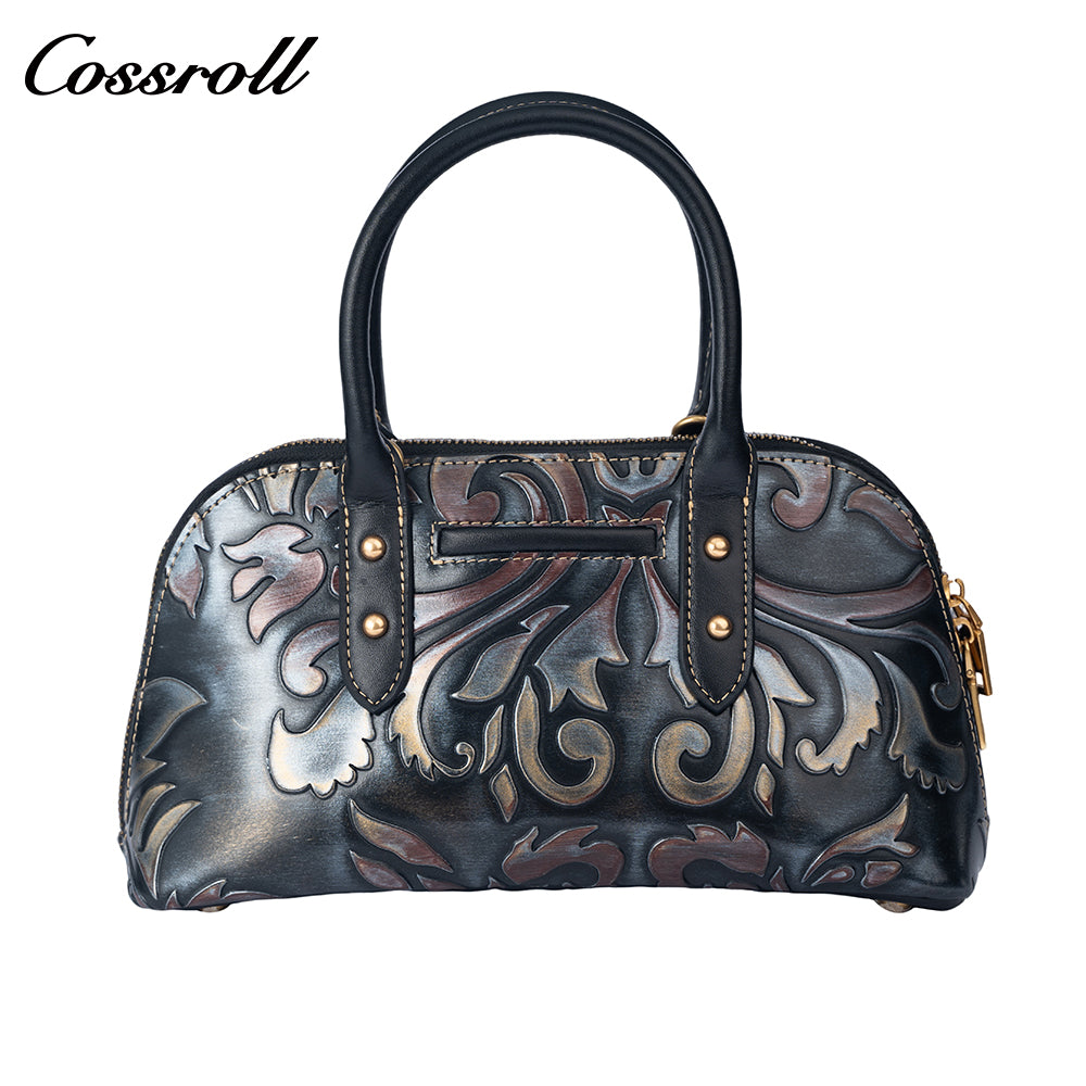 Vintage Embossed Leather Shell Bag for Women, Hand-Carved Handbag & Crossbody Purse