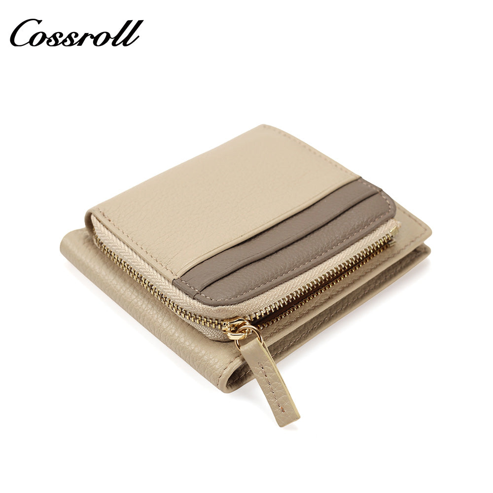 Women's Color Block Litchi Grain Cowhide Bifold Wallet, Minimalist Contrast Genuine Leather Card Holder, Small Bifold Purse with Zipper Coin Pocket