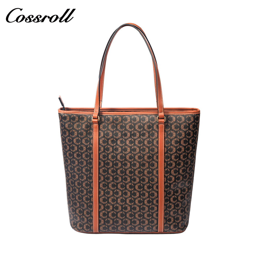 Women Vintage C Monogram Vertical Tote Bag, Large Capacity Zipper Shoulder Handbag for Laptop & Daily Commute