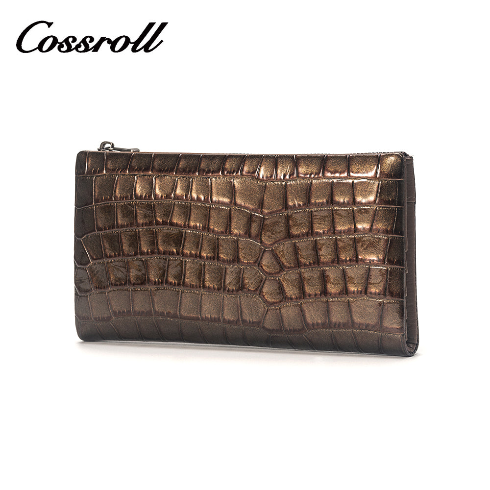 Brown crocodile print ladies long genuine leather wallet