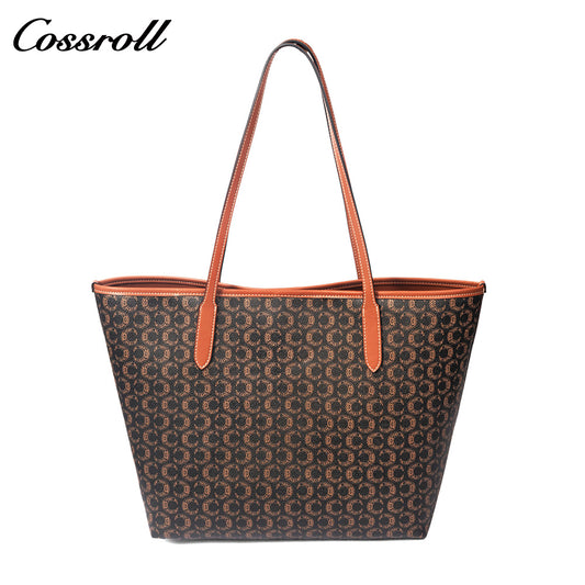 Women Vintage C Monogram Genuine Leather Tote Bag, Large Capacity Commuter Shoulder Handbag