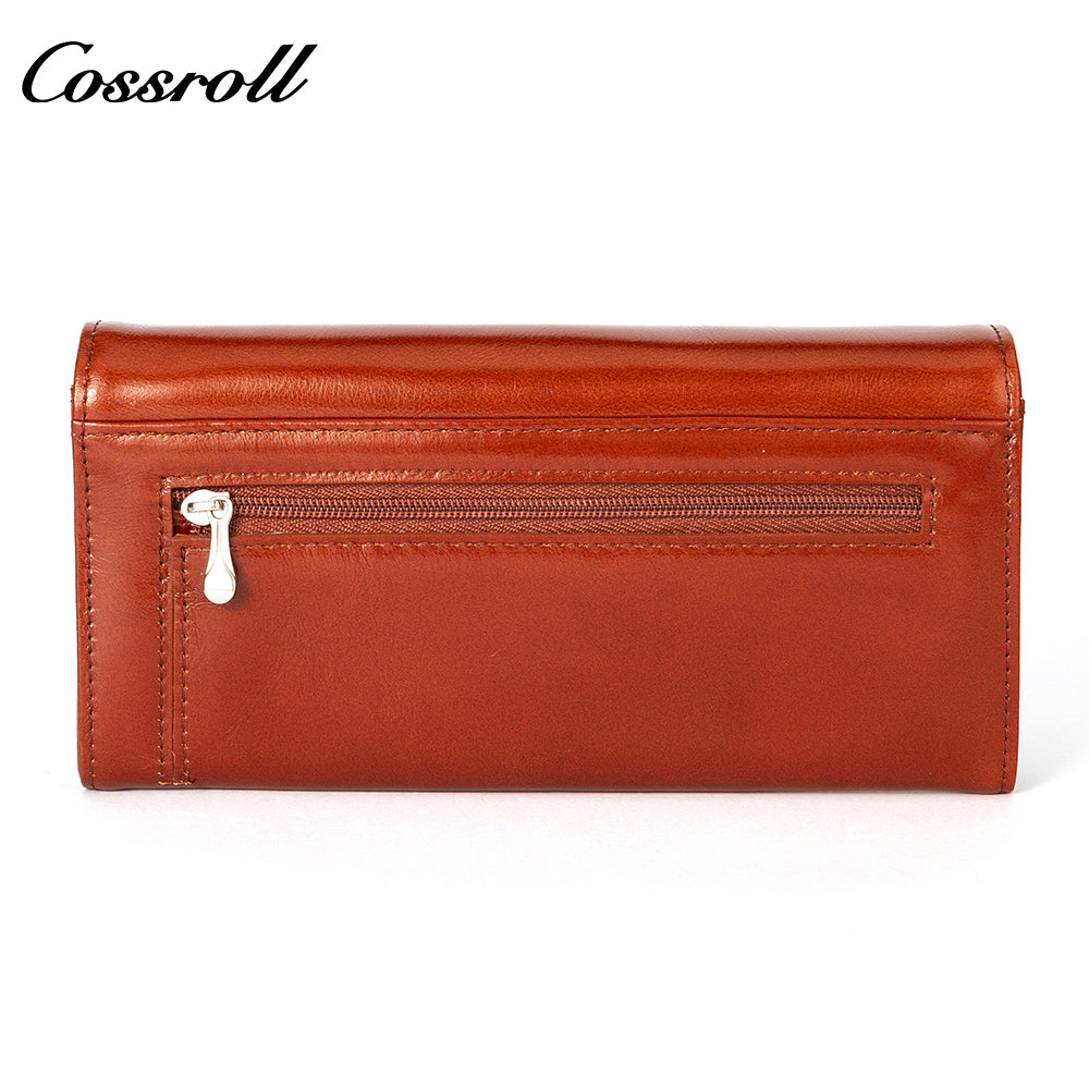 New leather women's long purse zipper wallet Large capacity waxed cowhide coin purse card bag factory custom