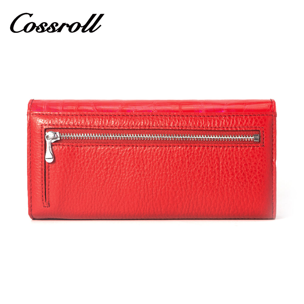 Waxed red long women's leather wallet