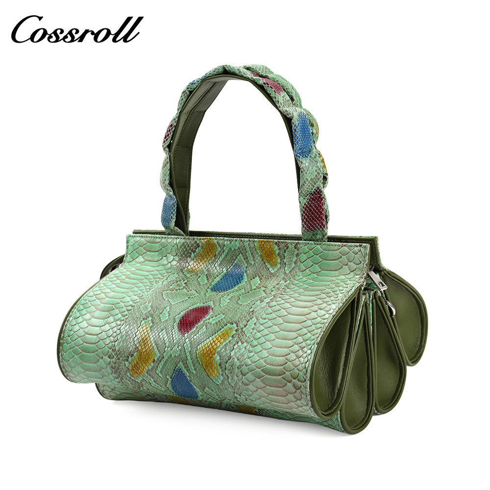 Colorful Snake Print Cowhide Multi-Layer Accordion Handbag, Multi-Functional Hand & Crossbody Shoulder Bag