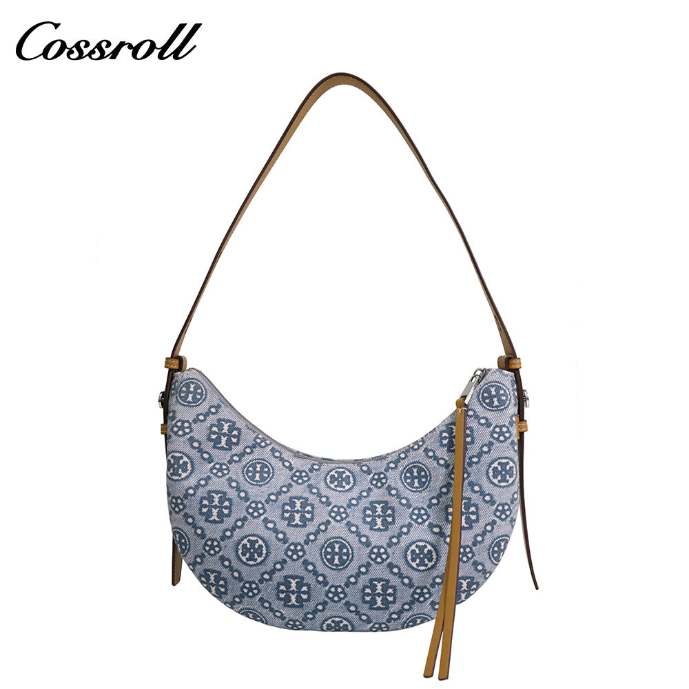 Women's Vintage All-Over Jacquard Crescent Underarm Bag, Denim Print Shoulder Bag with Adjustable Strap, Monogram Casual Mini Handbag for Daily Commute