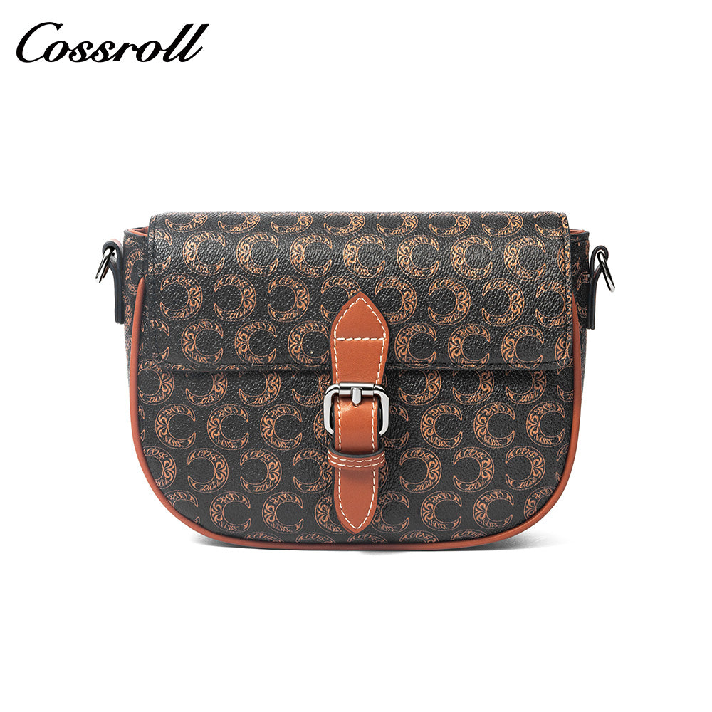 Vintage C Monogram Saddle Bag for Women, Contrast Brown Leather Buckle Flap Crossbody Shoulder Purse