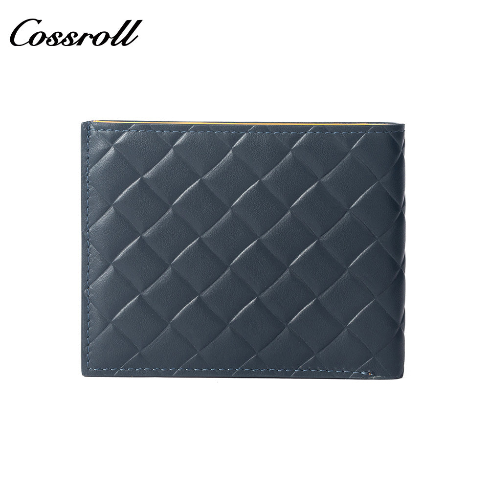 Diamond Quilted Embossed Genuine Leather Men's Wallet, Slim Business Bifold Purse with Contrast Bright Yellow Lining