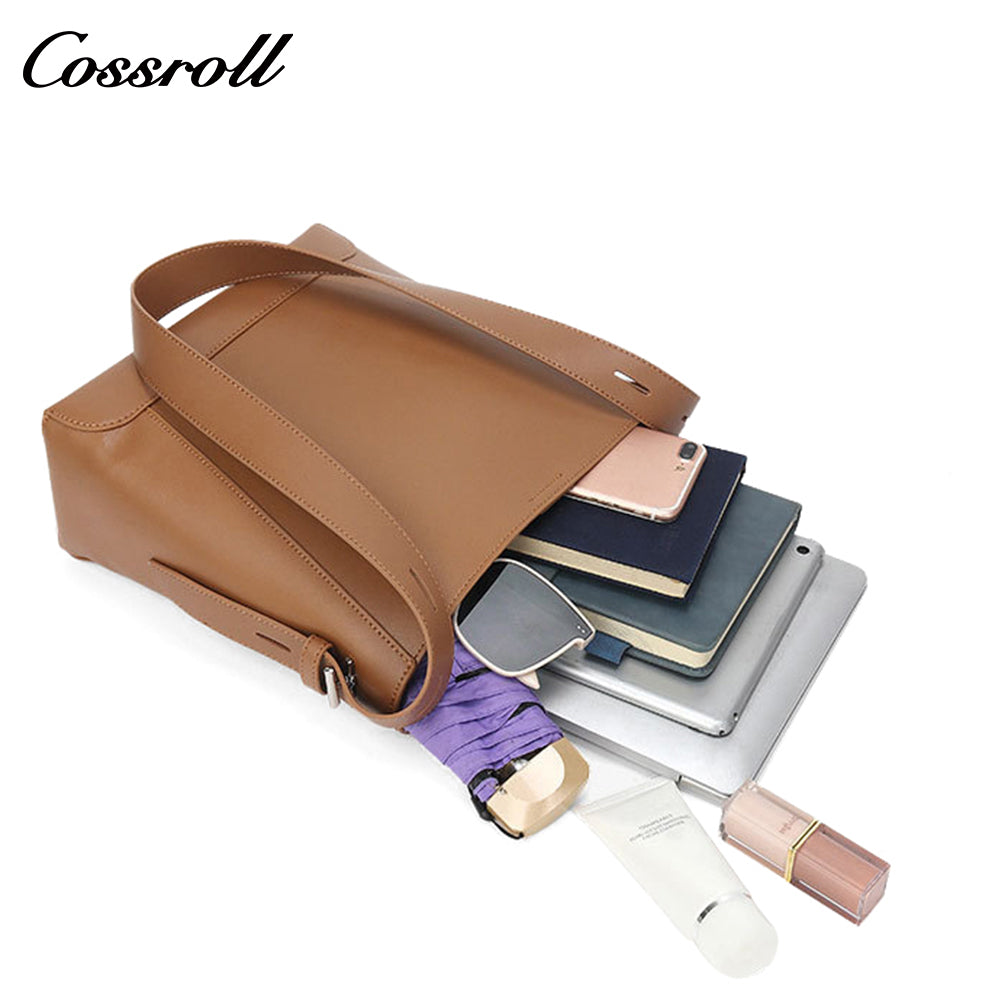 Head layer cowhide bucket bag shoulder bag simple fashion pure color commuter bag