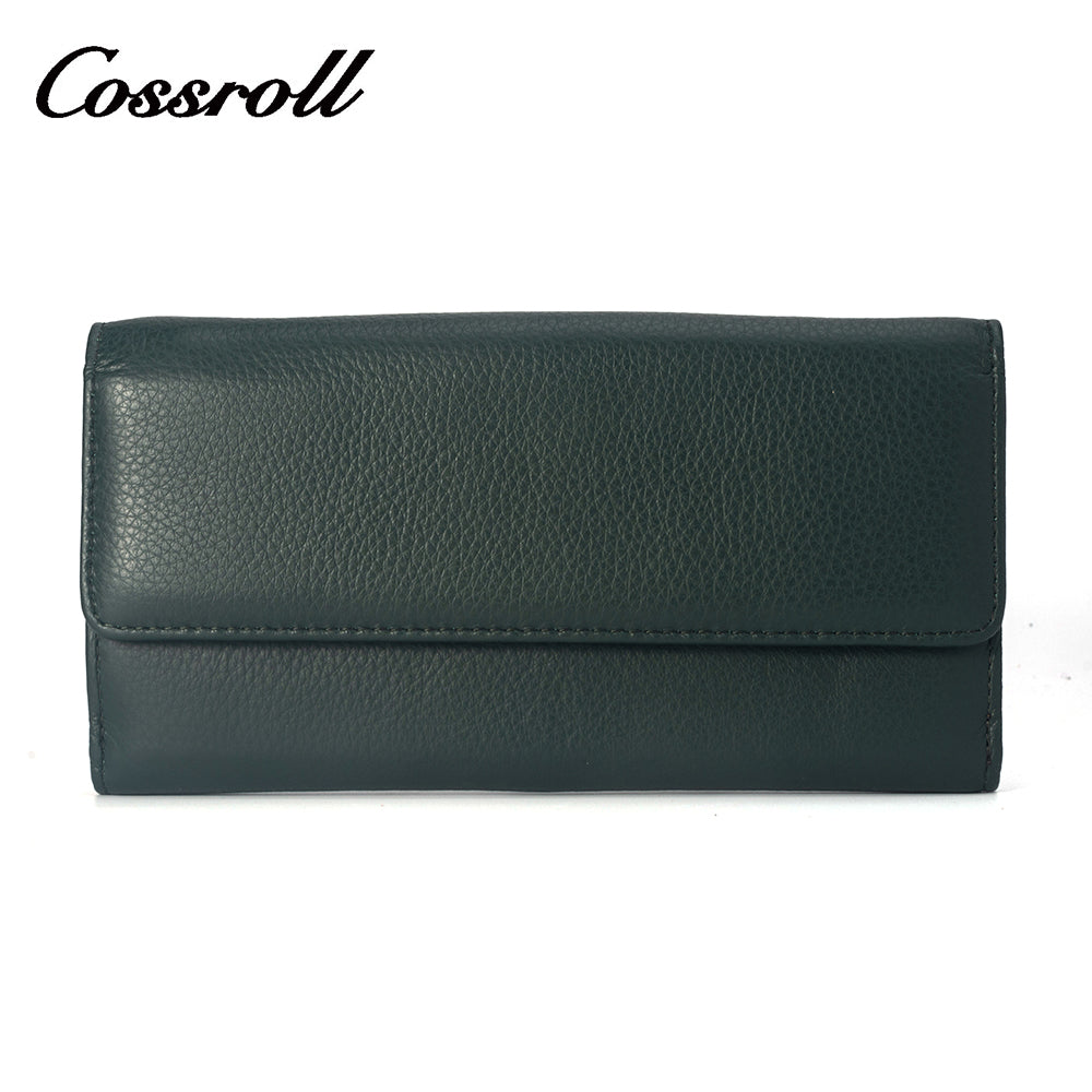 Green long multi-window zipped leather wallet