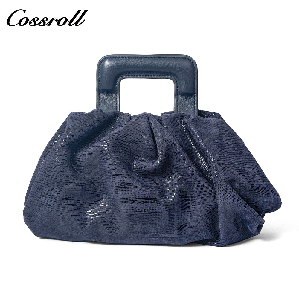 Women's Navy Wavy Textured Ruched Cloud Bag, Square Leather Handle Handbag, Minimalist Versatile Handheld Purse for Daily Commute