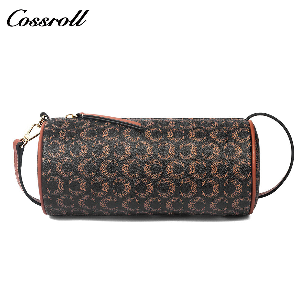 Women Vintage C Monogram Cylinder Bag, Genuine Leather Dual-use Shoulder & Crossbody Barrel Purse