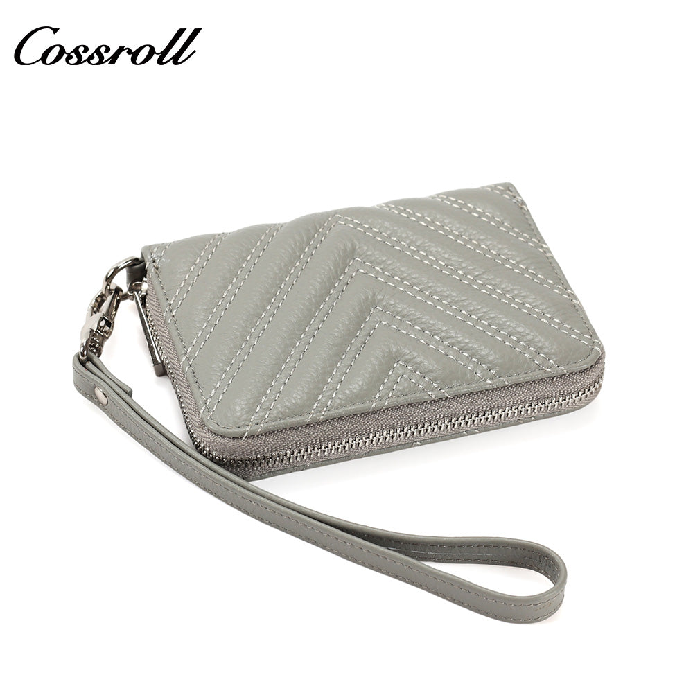 Chevron Quilted Genuine Leather Wristlet, Women's Litchi Grain Cowhide Coin Card Purse, Mini Zipper Hand Pouch