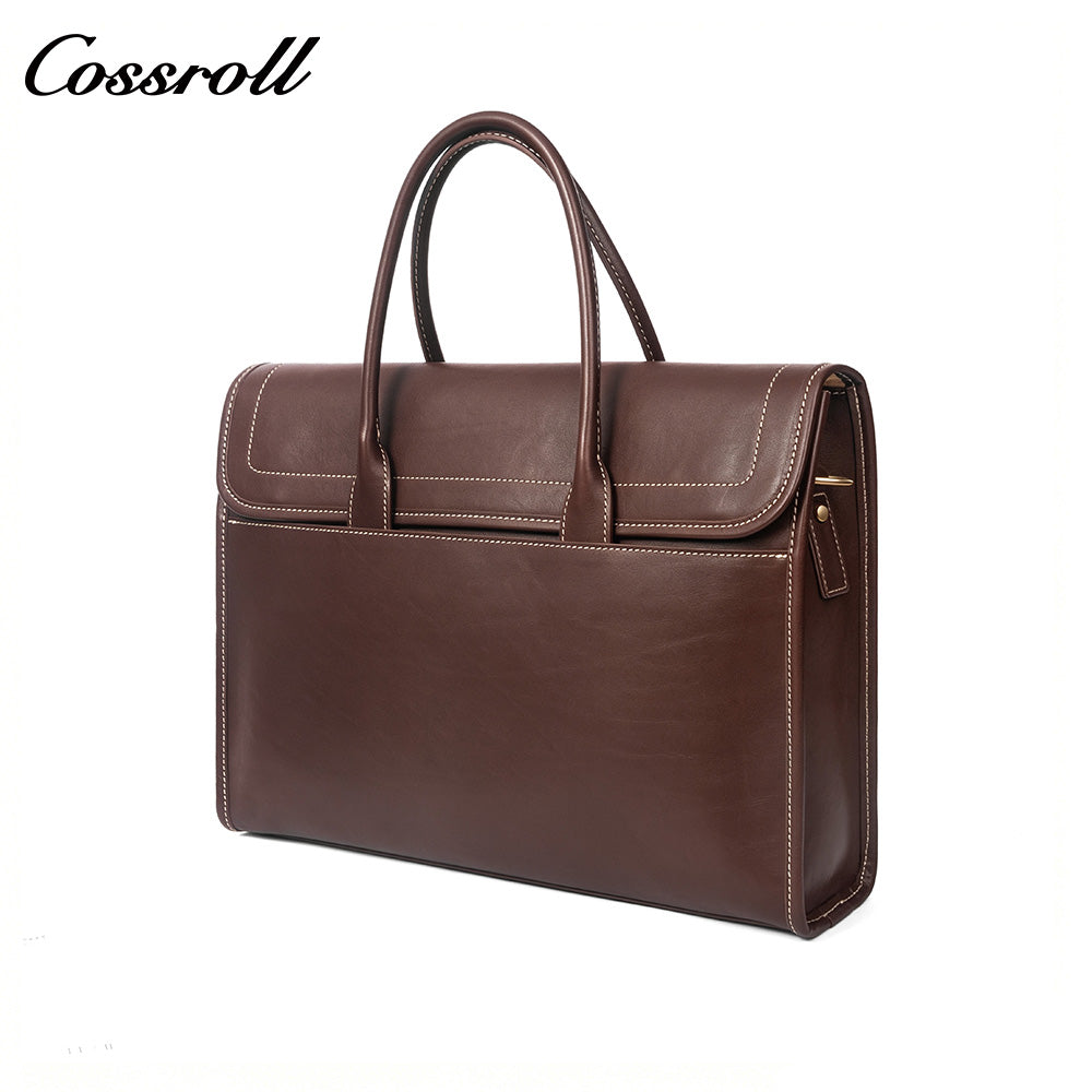 Men's Full Grain Leather Briefcase, Large Capacity Flap Laptop Handbag, Genuine Leather Business Commute Office Bag