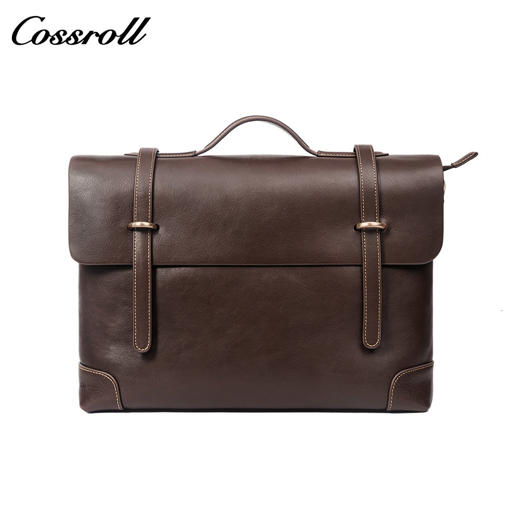 Men's Cowhide Leather Messenger Briefcase, Flap Laptop Handbag, Large Capacity Genuine Leather Shoulder & Crossbody Bag for Business & Daily Commute