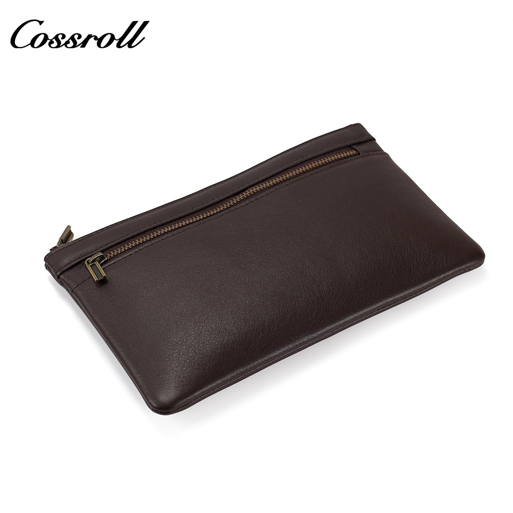 Vintage Genuine Leather Double Zipper Clutch Bag, Large Capacity Long Pouch for Coins & Documents