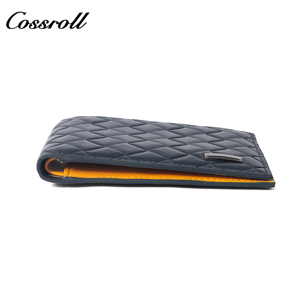 Diamond Quilted Embossed Genuine Leather Men's Wallet, Slim Business Bifold Purse with Contrast Bright Yellow Lining