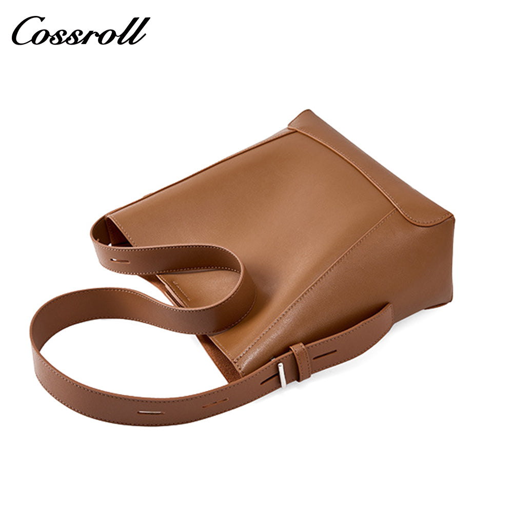 Head layer cowhide bucket bag shoulder bag simple fashion pure color commuter bag