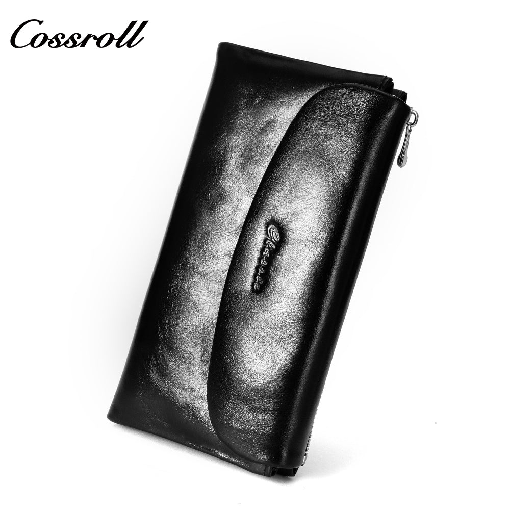 Popular Decorative genuine leather purse handmade long wallets oil wax leather ladies handmade Elegant