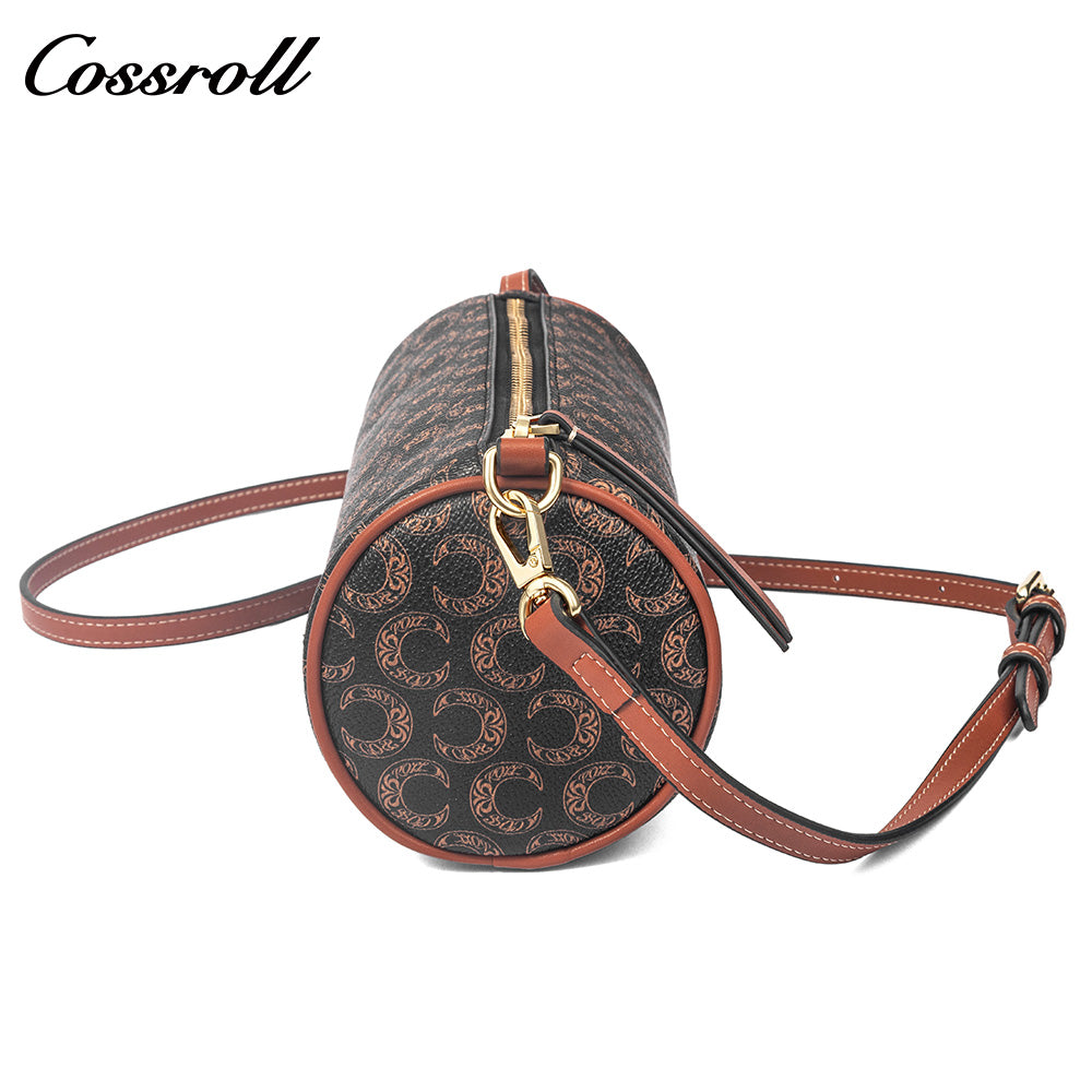 Women Vintage C Monogram Cylinder Bag, Genuine Leather Dual-use Shoulder & Crossbody Barrel Purse