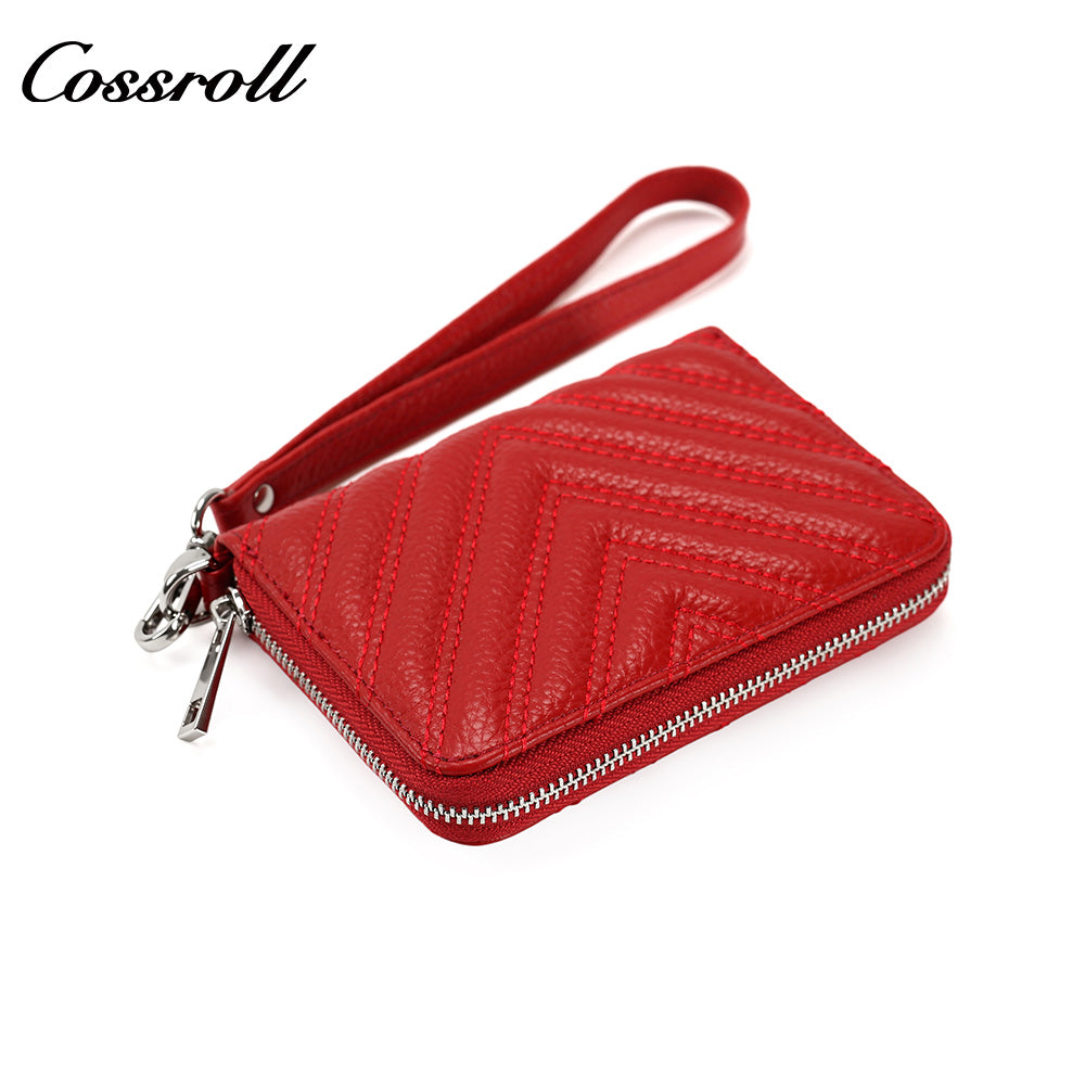 Women's Litchi Grain Cowhide Coin & Card Wallet, Chevron Quilted Wrist Clutch, Multi-functional Card & Coin Storage Pouch