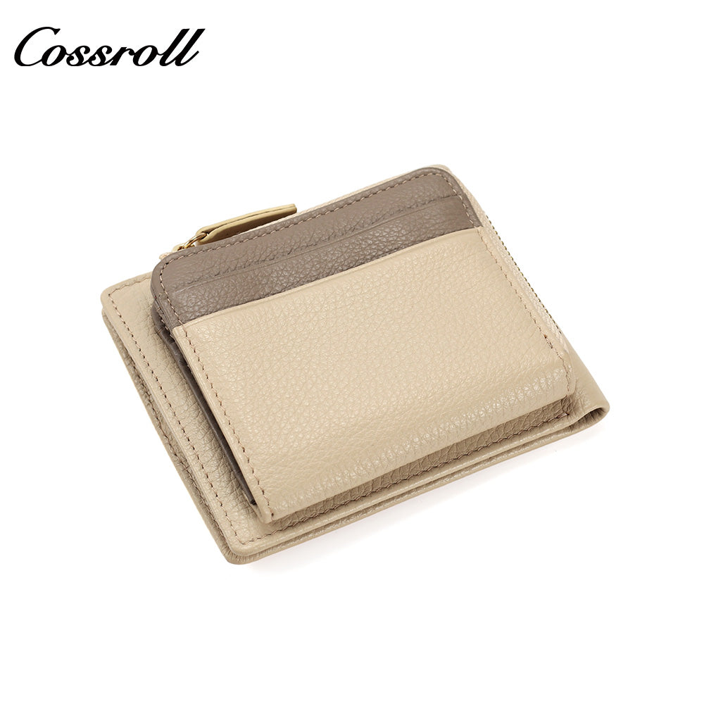 Women's Color Block Litchi Grain Cowhide Bifold Wallet, Minimalist Contrast Genuine Leather Card Holder, Small Bifold Purse with Zipper Coin Pocket