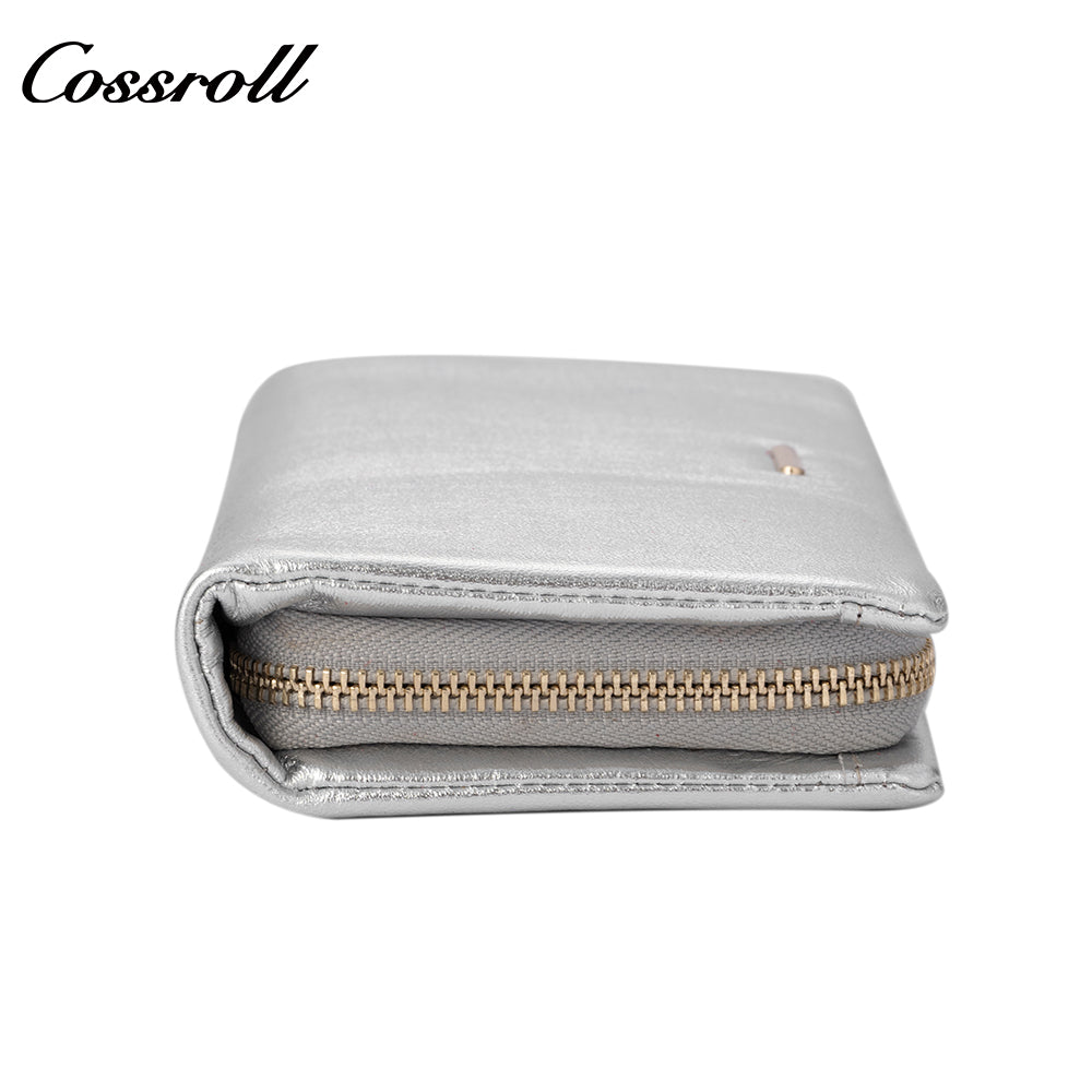 Women's genuine leather wallet, glossy leather, large-capacity double-layer stylish zippered bill wallet