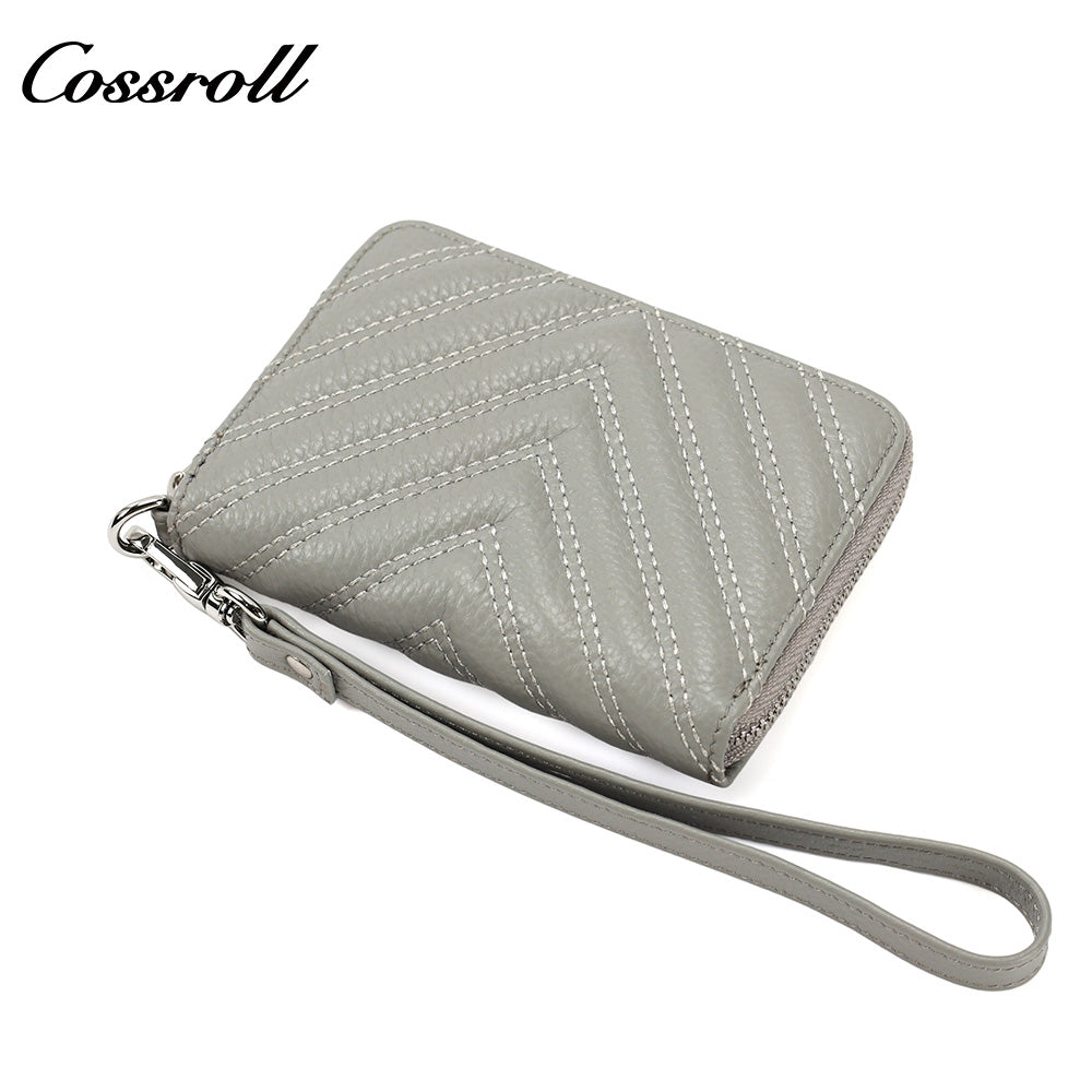 Chevron Quilted Genuine Leather Wristlet, Women's Litchi Grain Cowhide Coin Card Purse, Mini Zipper Hand Pouch