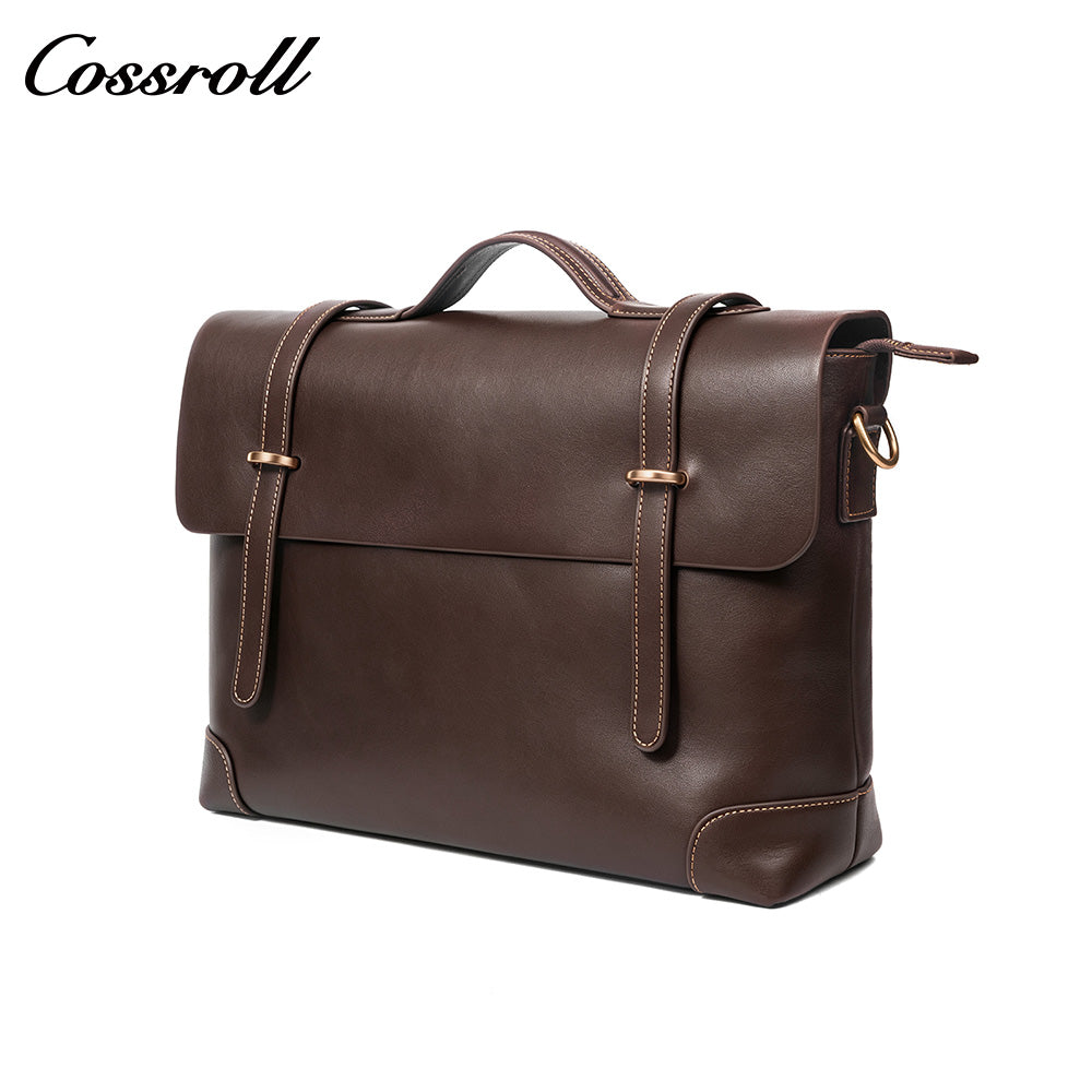 Men's Cowhide Leather Messenger Briefcase, Flap Laptop Handbag, Large Capacity Genuine Leather Shoulder & Crossbody Bag for Business & Daily Commute