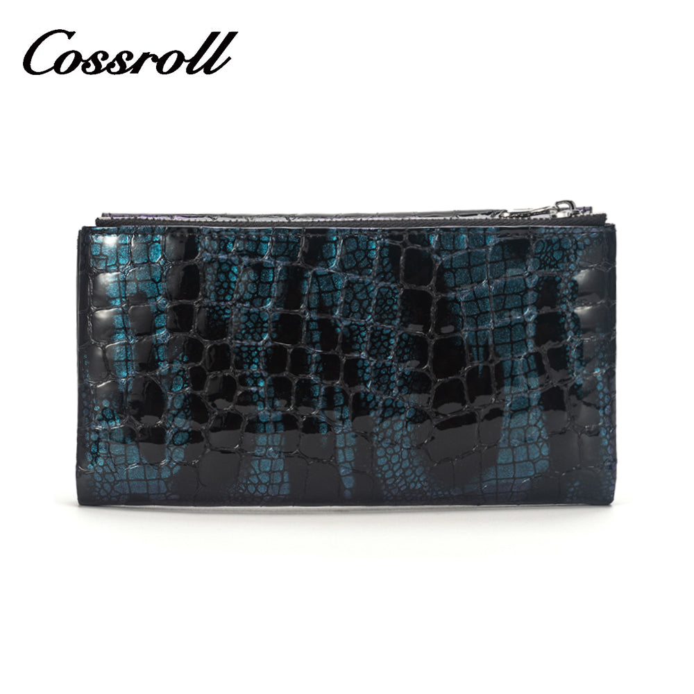 Printed leather long women's wallet with blue crocodile print