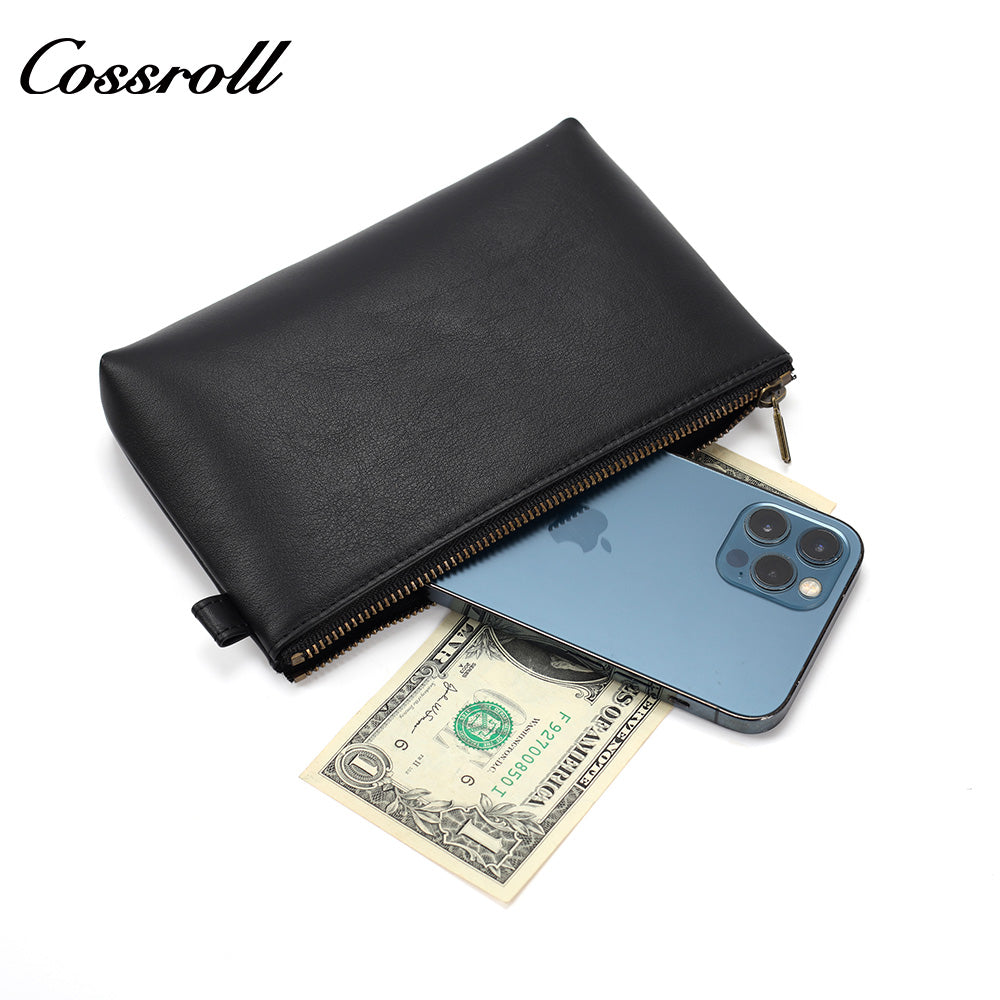 Genuine Leather Zipper Clutch, Minimalist Cowhide Pouch for Phone, Coins & Small Items