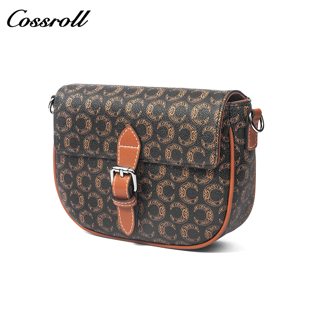 Vintage C Monogram Saddle Bag for Women, Contrast Brown Leather Buckle Flap Crossbody Shoulder Purse