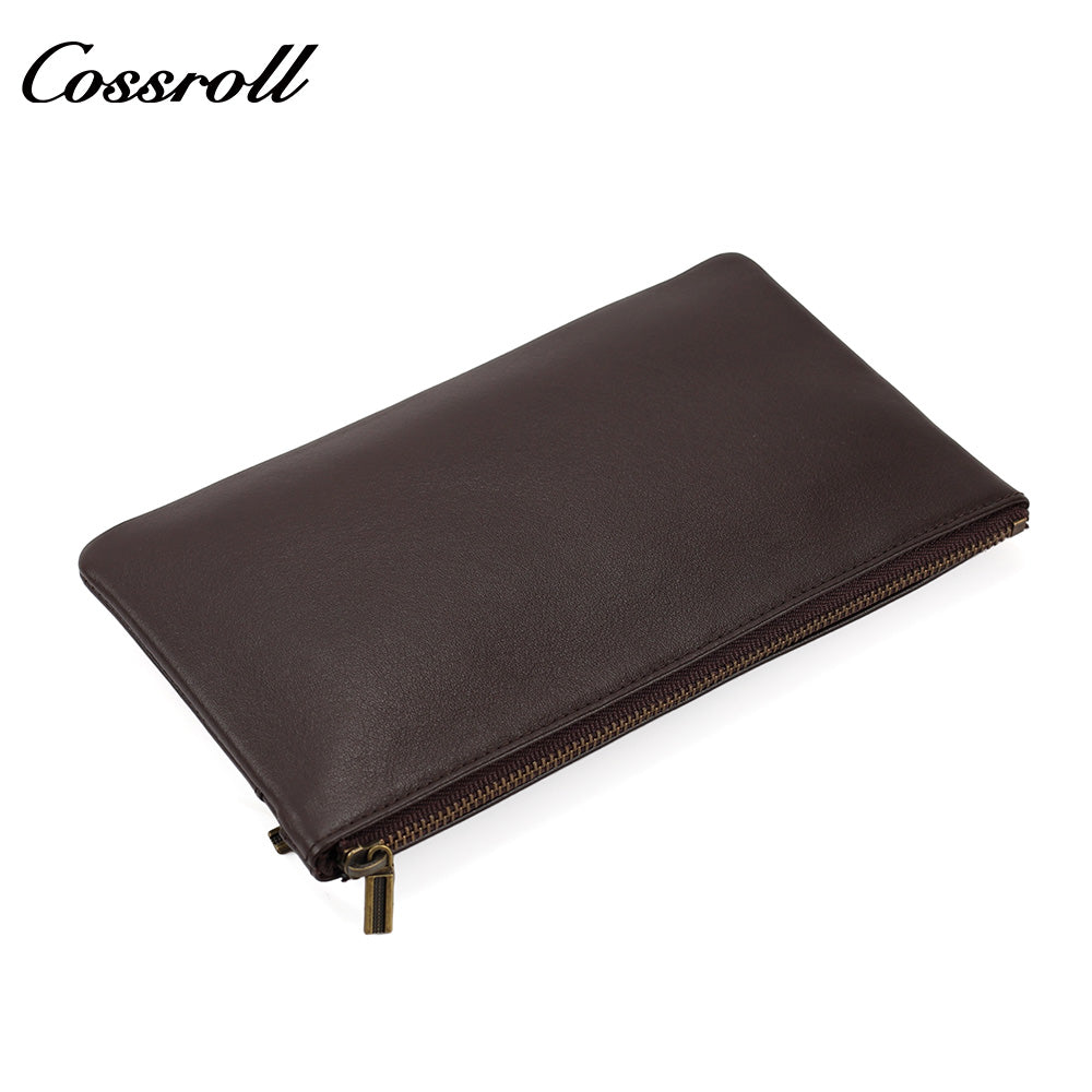 Vintage Genuine Leather Double Zipper Clutch Bag, Large Capacity Long Pouch for Coins & Documents