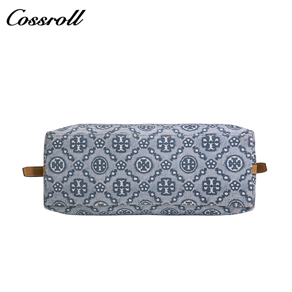 Women's Vintage All-Over Jacquard Denim Monogram Bag, Canvas Spliced Large Capacity Commute Shoulder Bag, Casual Monogram Underarm Shopping Bag