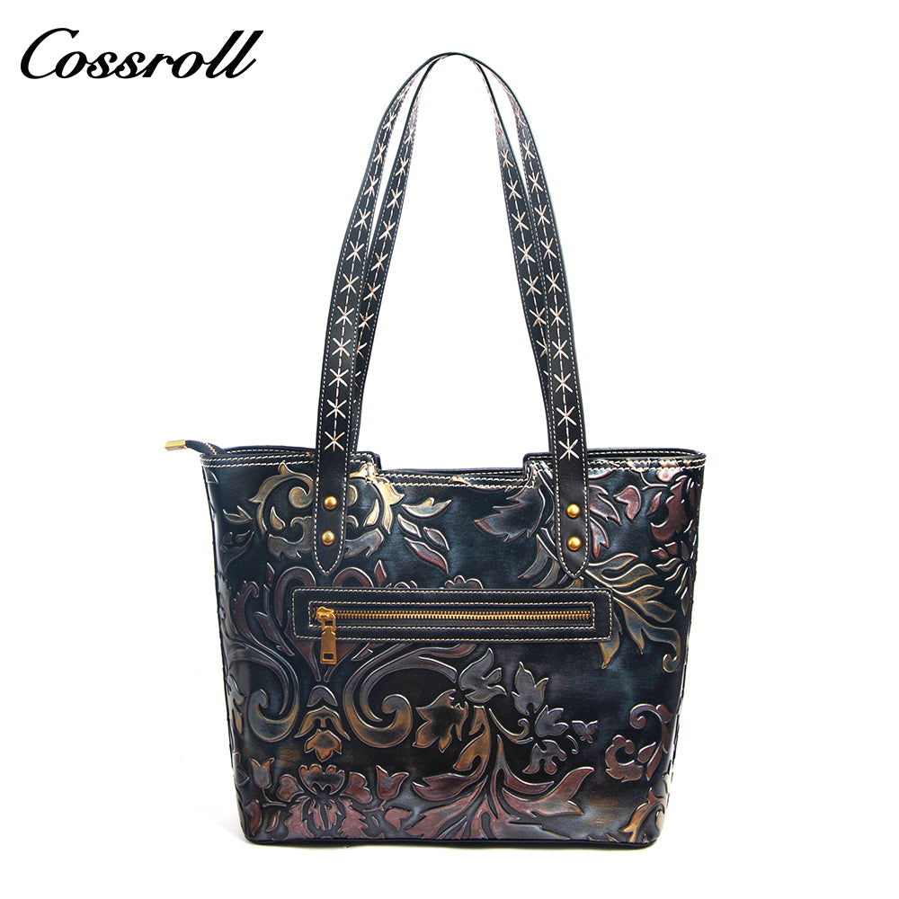 Vintage Embossed Leather Tote Shoulder Bag