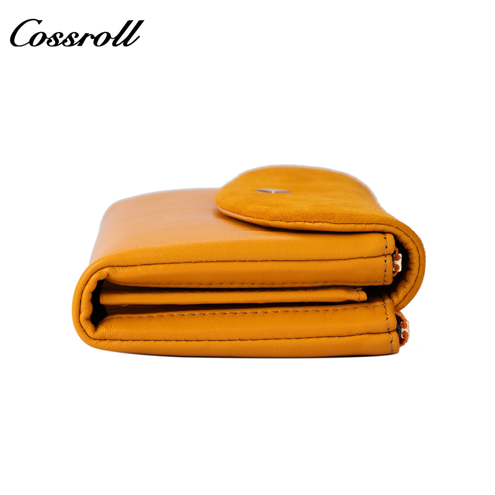 Women's long wallet with multiple card slots, zipper, double-layer bill compartment, and coin purse in suede finish