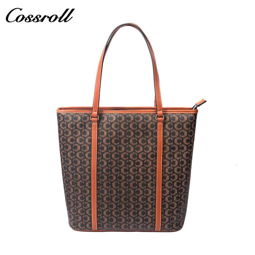 Women Vintage C Monogram Vertical Tote Bag, Large Capacity Zipper Shoulder Handbag for Laptop & Daily Commute