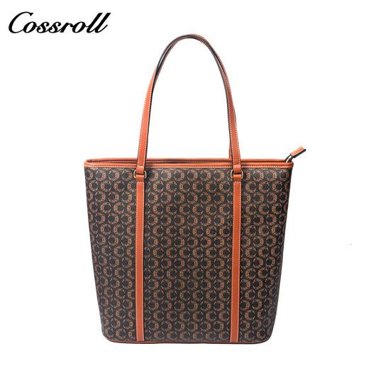 Women Vintage C Monogram Vertical Tote Bag, Large Capacity Zipper Shoulder Handbag for Laptop & Daily Commute