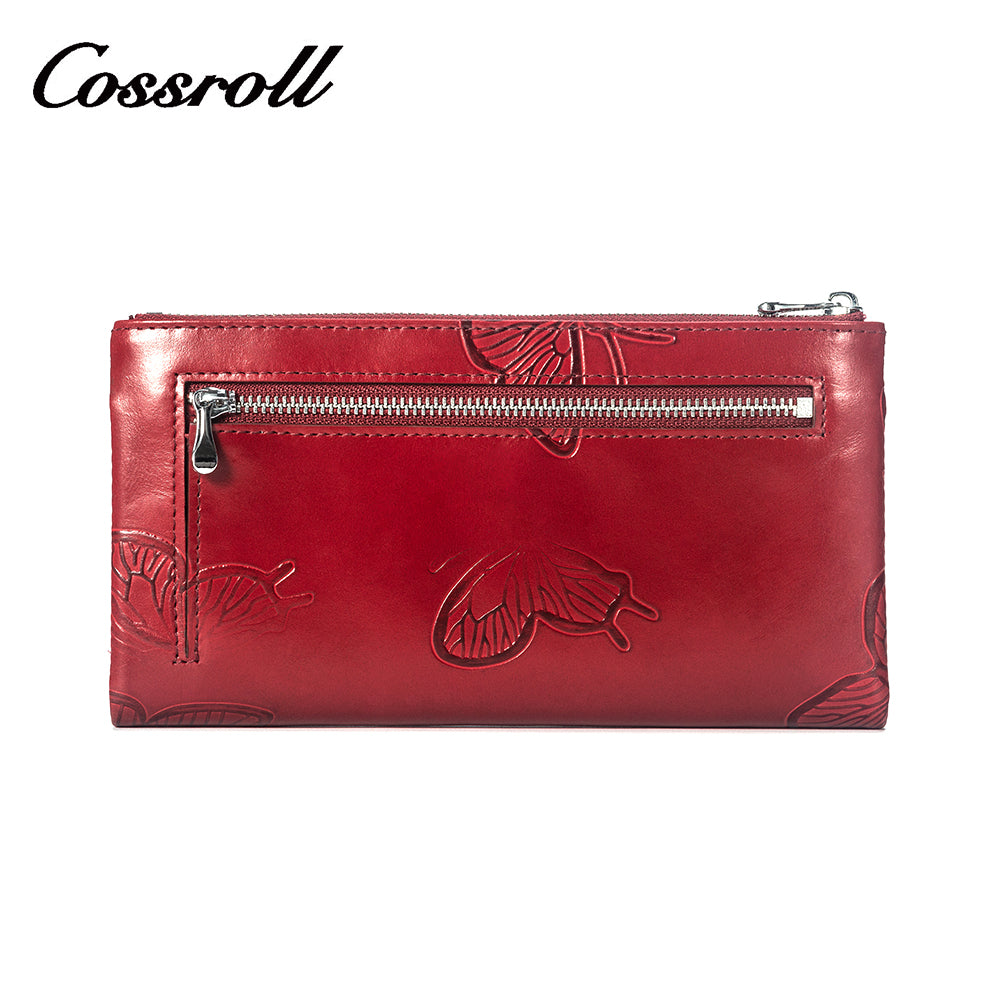 Butterfly print genuine leather long ladies clutch wallet