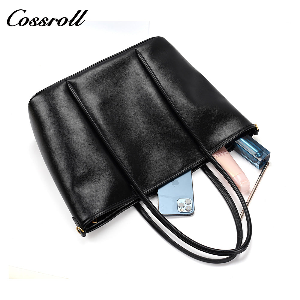 Women's Waxed Cowhide Large Capacity Tote Bag, Vintage Commuter Handbag, Shoulder & Crossbody Bag with Detachable Strap